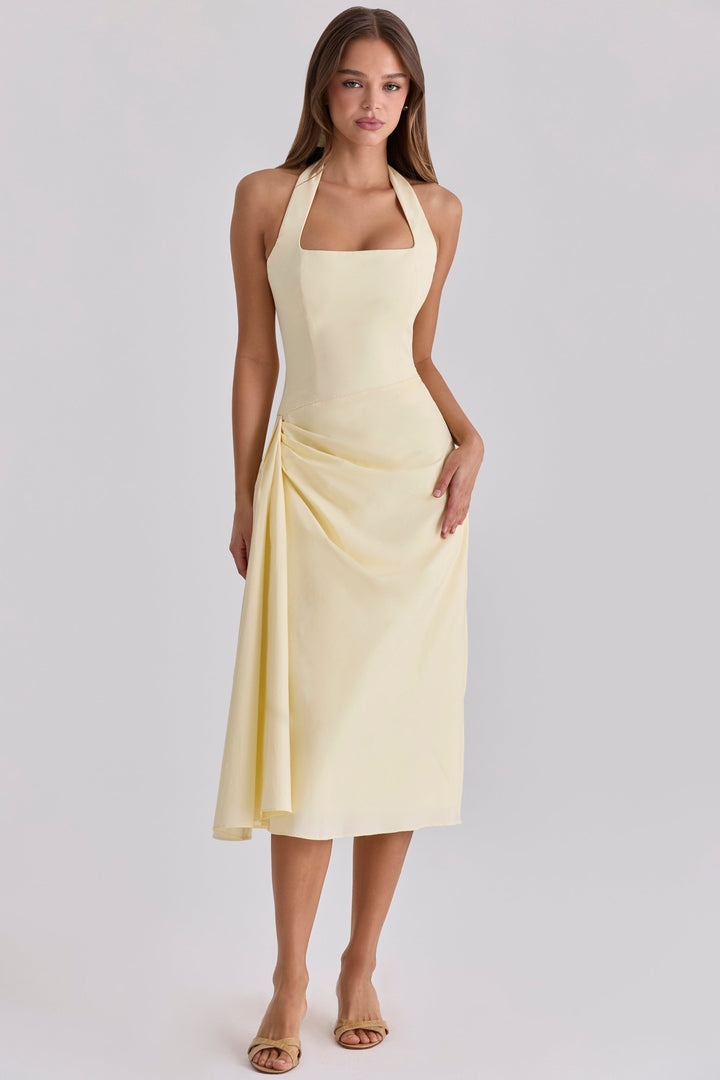 Midi dress with neck ties, an open back, and ruching – LANA