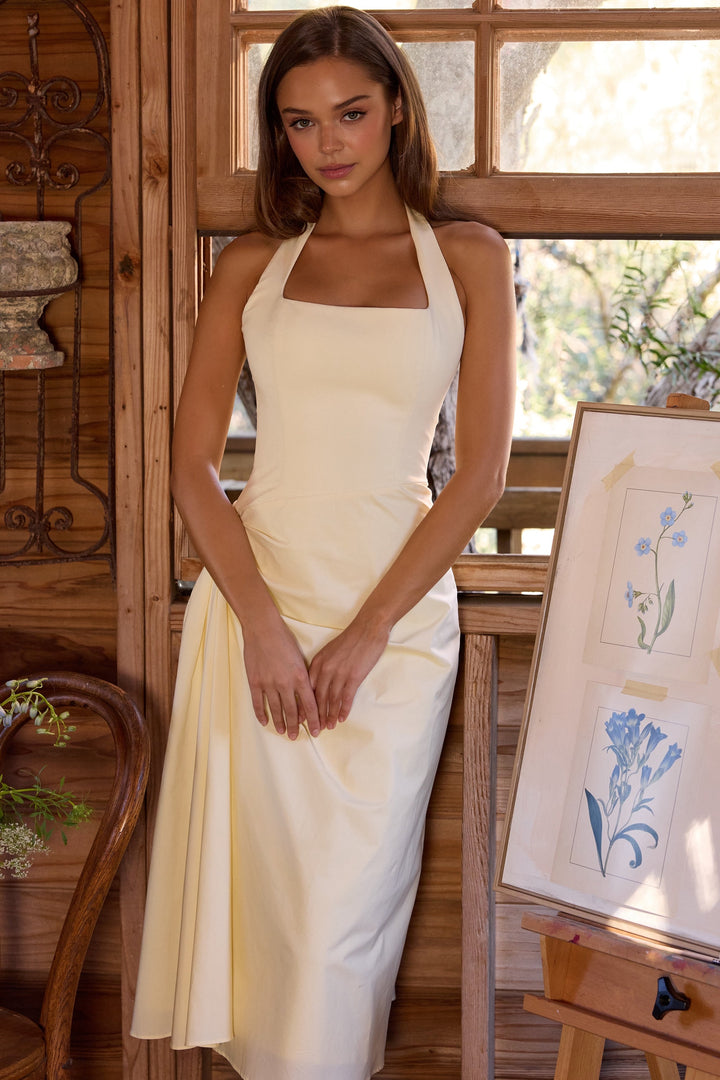 Midi dress with neck ties, an open back, and ruching – LANA
