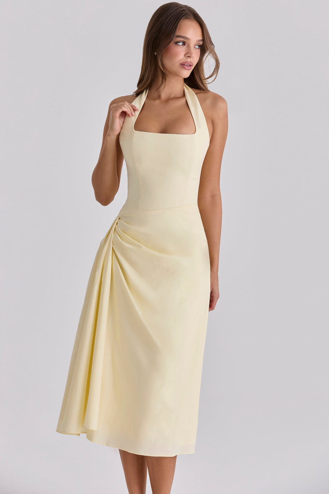 Midi dress with neck ties, an open back, and ruching – LANA