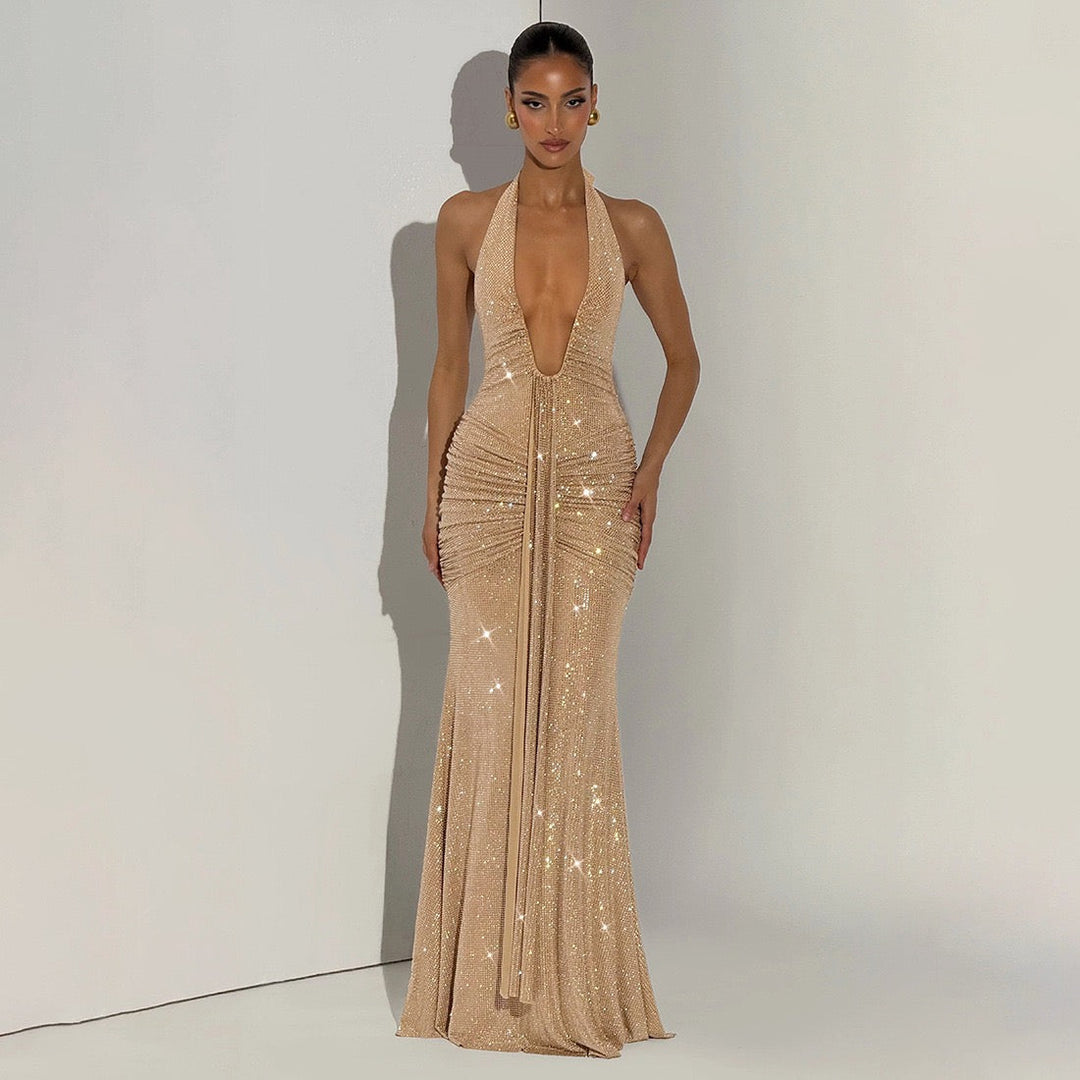 Sparkling rhinestone maxi dress with open back and tie at the nape - YANAY