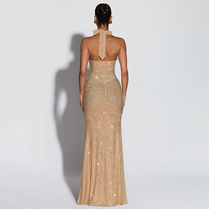 Sparkling rhinestone maxi dress with open back and tie at the nape - YANAY