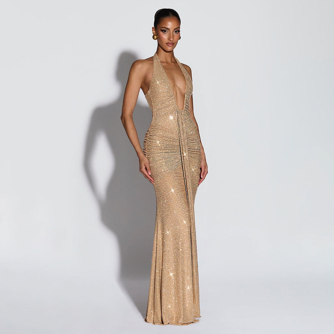 Sparkling rhinestone maxi dress with open back and tie at the nape - YANAY