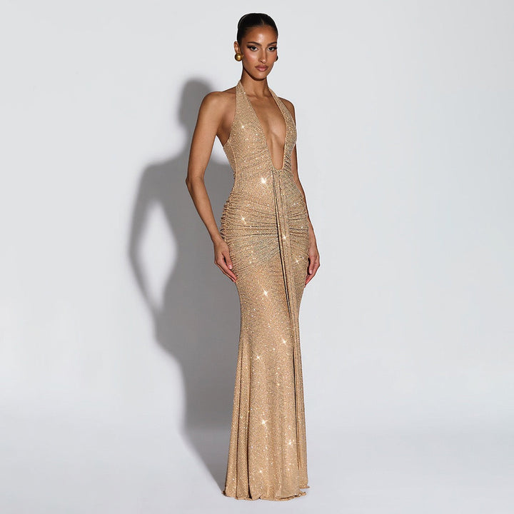 Sparkling rhinestone maxi dress with open back and tie at the nape - YANAY