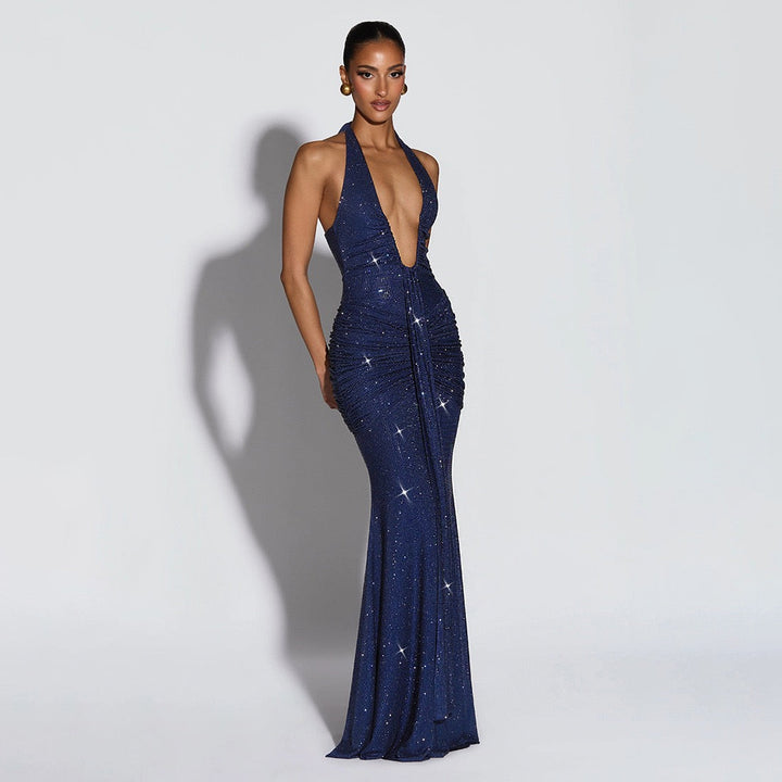 Sparkling rhinestone maxi dress with open back and tie at the nape - YANAY