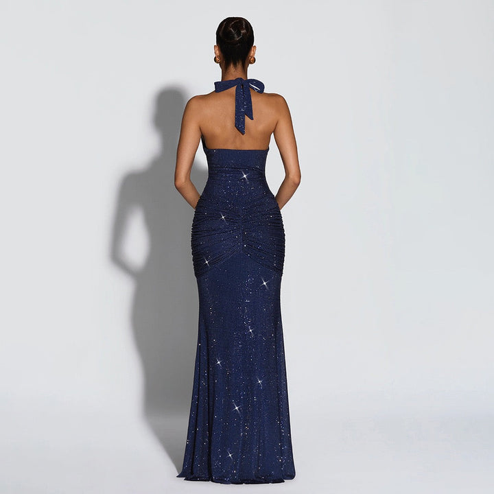 Sparkling rhinestone maxi dress with open back and tie at the nape - YANAY