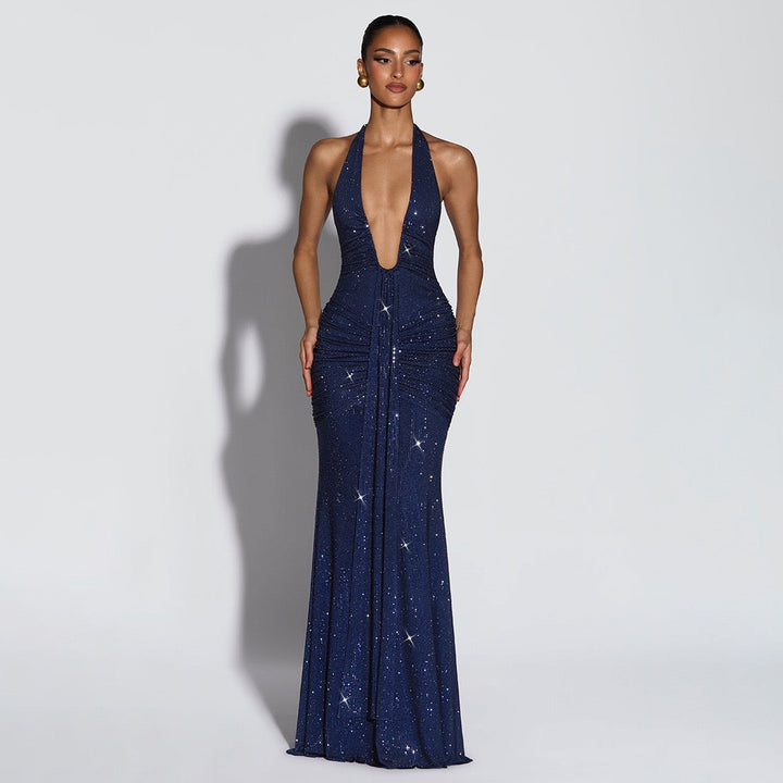 Sparkling rhinestone maxi dress with open back and tie at the nape - YANAY