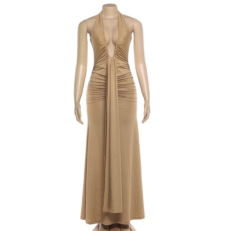 Sparkling rhinestone maxi dress with open back and tie at the nape - YANAY