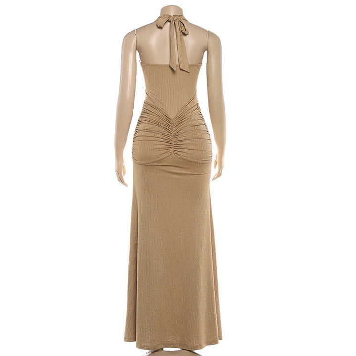 Sparkling rhinestone maxi dress with open back and tie at the nape - YANAY