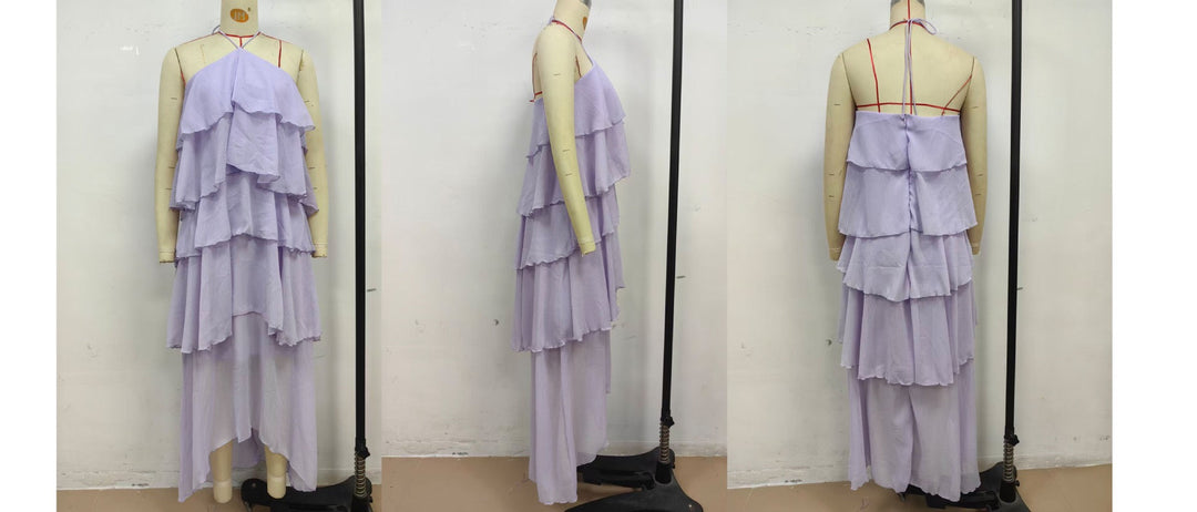 Tiered chiffon ruffle maxi dress with neck ties and an open back – Lily