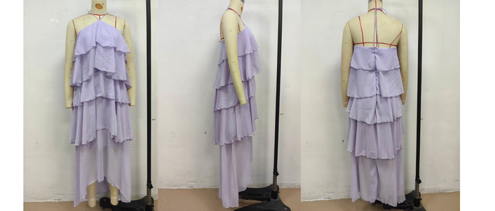 Tiered chiffon ruffle maxi dress with neck ties and an open back – Lily