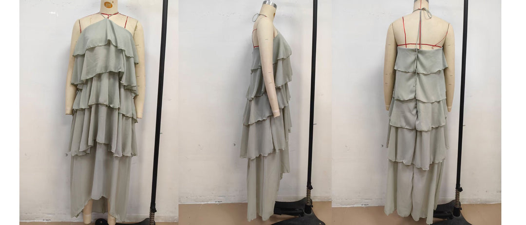 Tiered chiffon ruffle maxi dress with neck ties and an open back – Lily