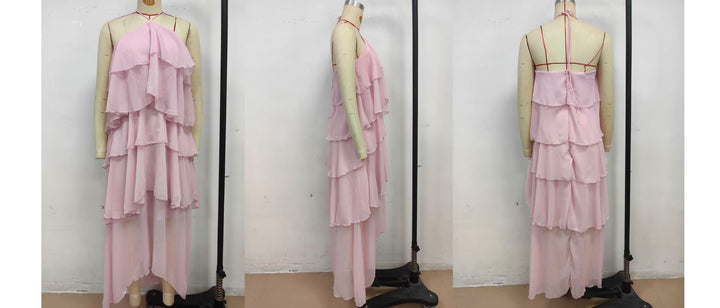 Tiered chiffon ruffle maxi dress with neck ties and an open back – Lily