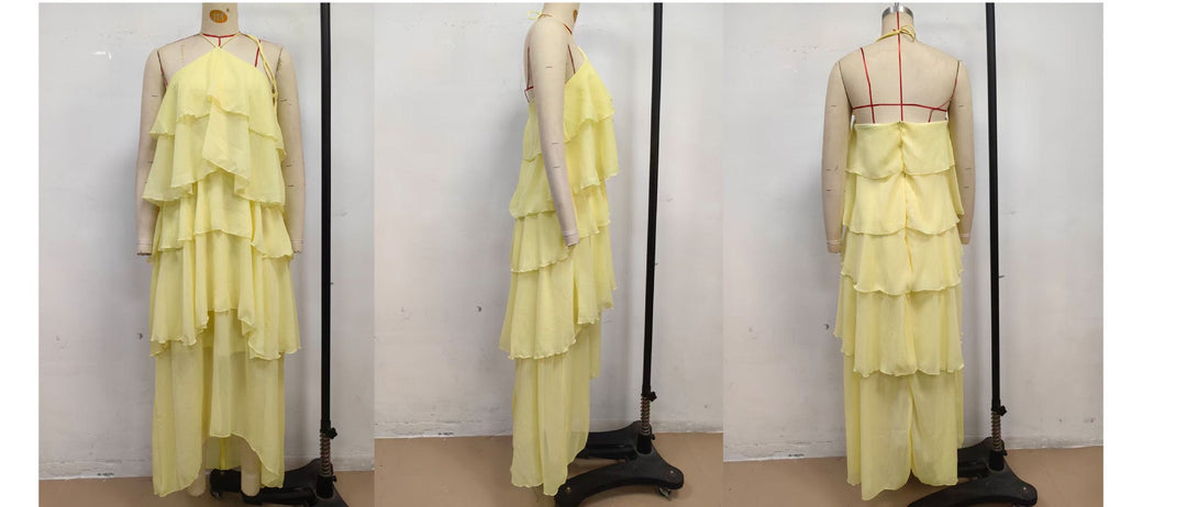 Tiered chiffon ruffle maxi dress with neck ties and an open back – Lily