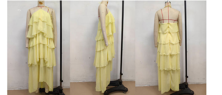Tiered chiffon ruffle maxi dress with neck ties and an open back – Lily