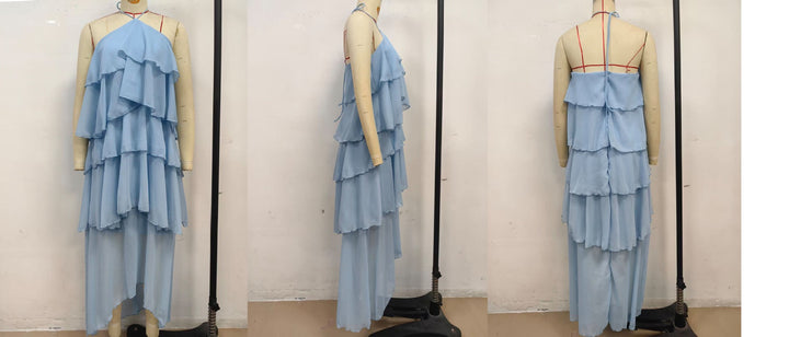 Tiered chiffon ruffle maxi dress with neck ties and an open back – Lily