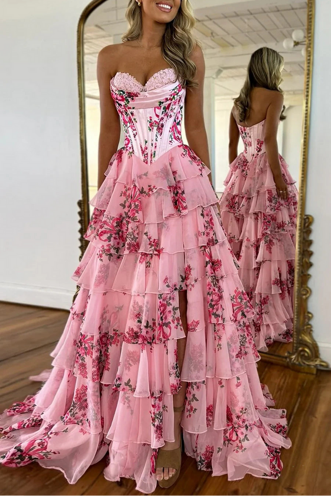 SHERY strapless ruffle maxi dress with a corset design, back tie, waist-cinching fit, and slit
