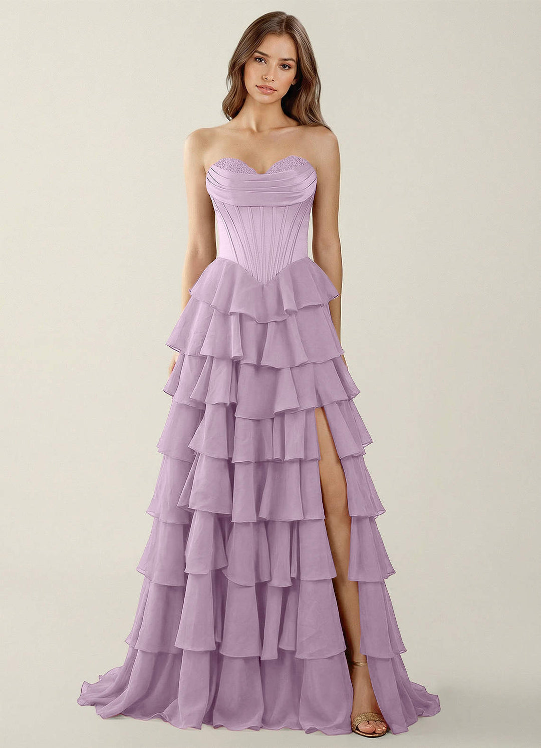SHERY strapless ruffle maxi dress with a corset design, back tie, waist-cinching fit, and slit