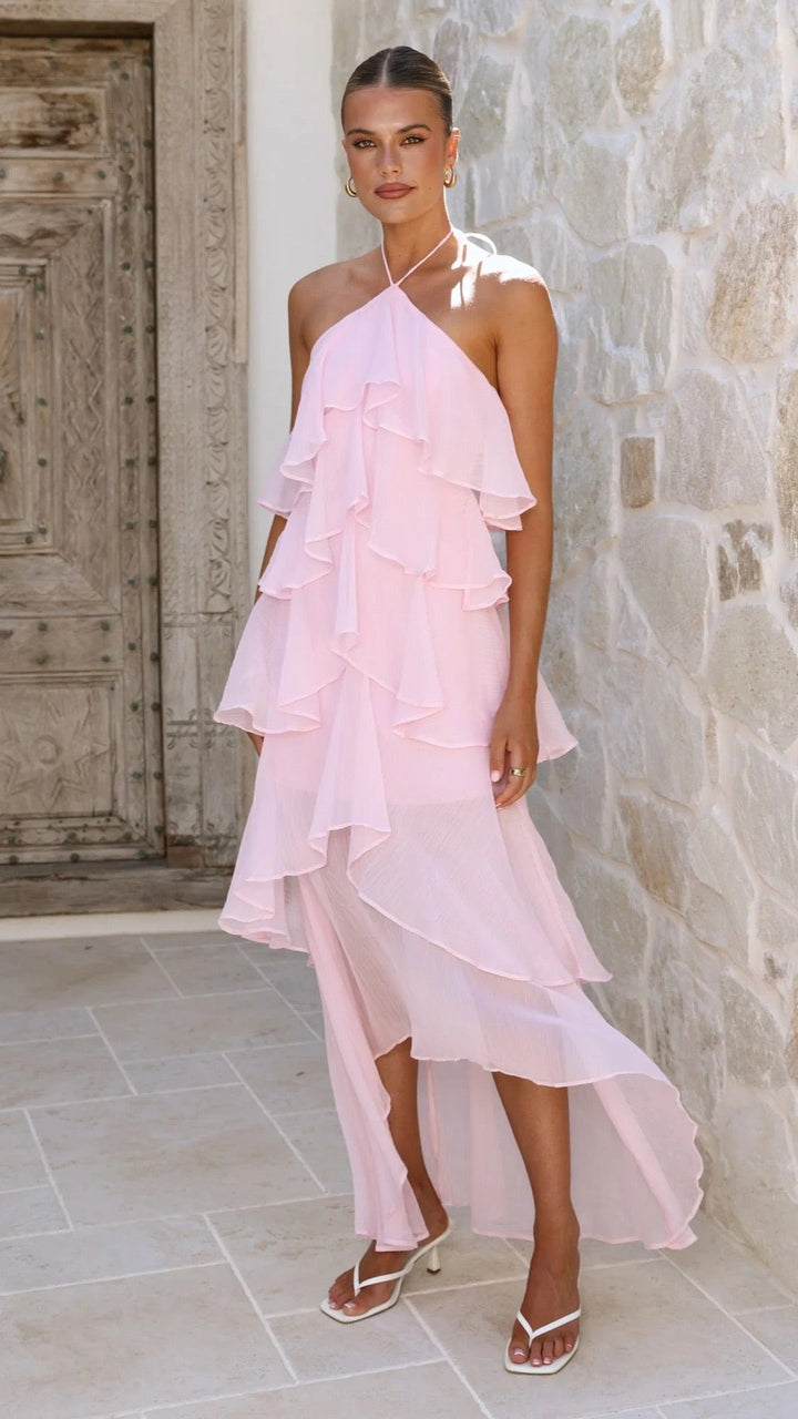 Tiered chiffon ruffle maxi dress with neck ties and an open back – Lily