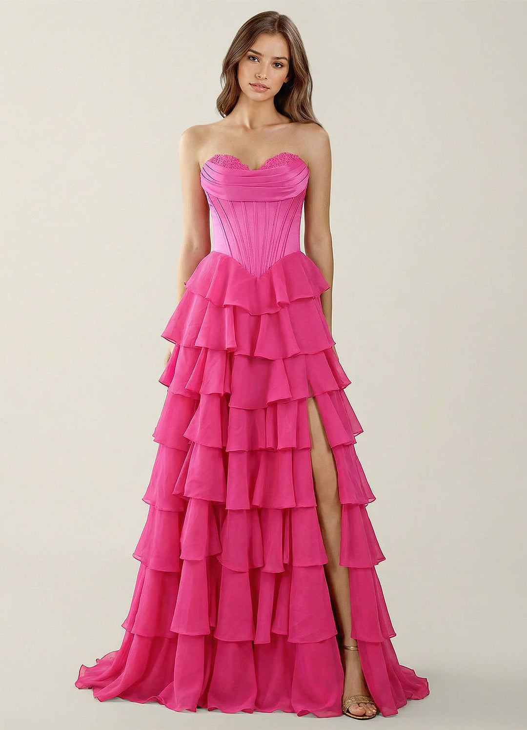 SHERY strapless ruffle maxi dress with a corset design, back tie, waist-cinching fit, and slit