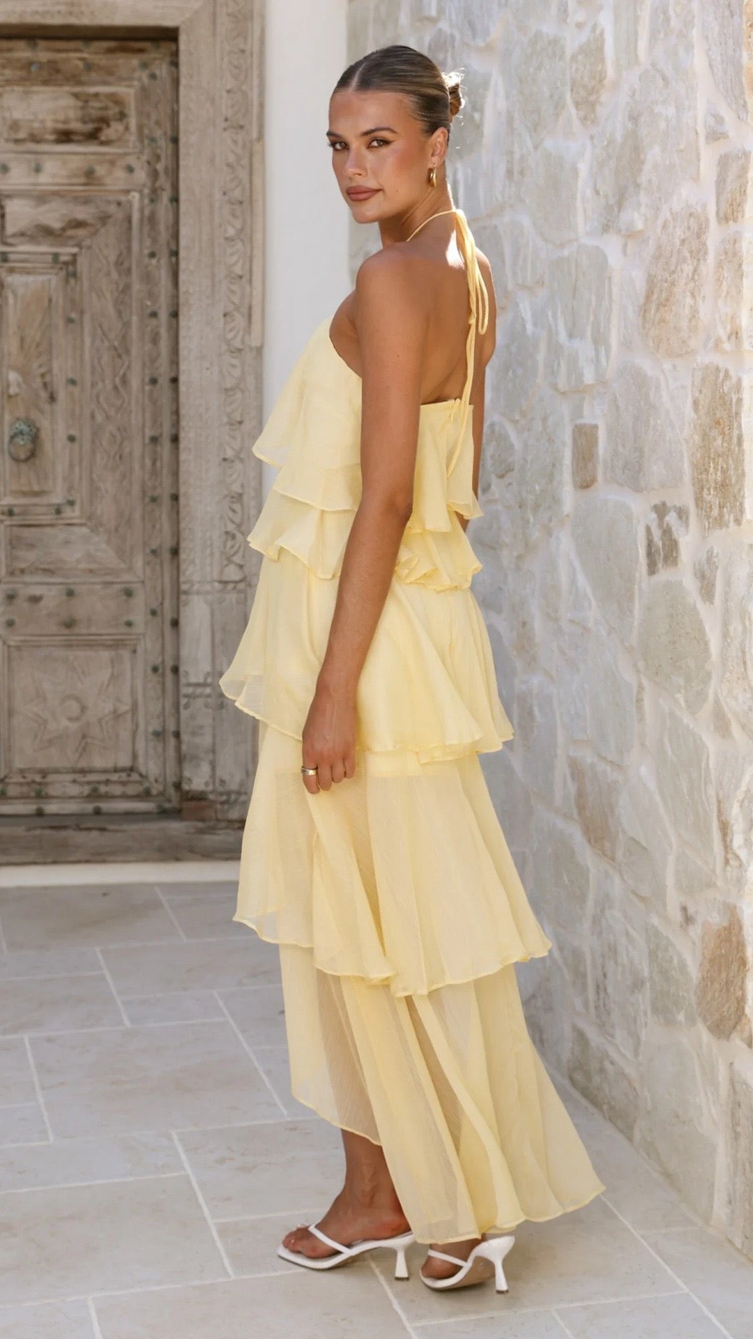 Tiered chiffon ruffle maxi dress with neck ties and an open back – Lily
