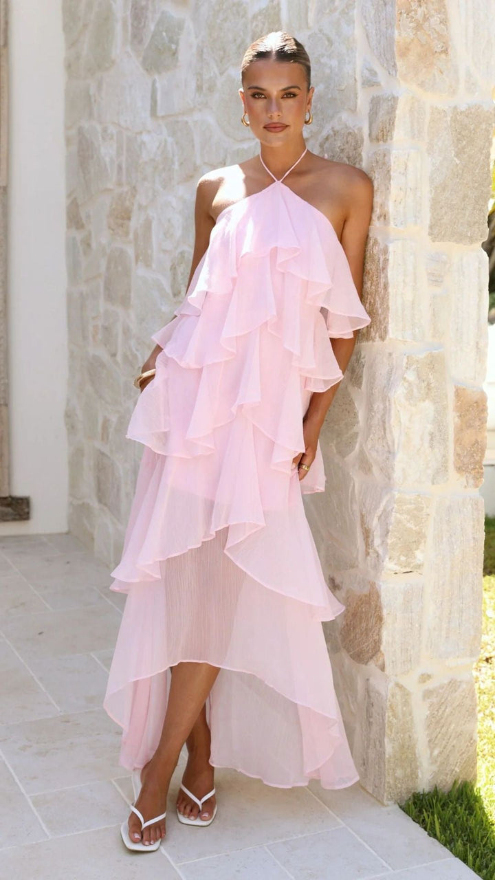 Tiered chiffon ruffle maxi dress with neck ties and an open back – Lily