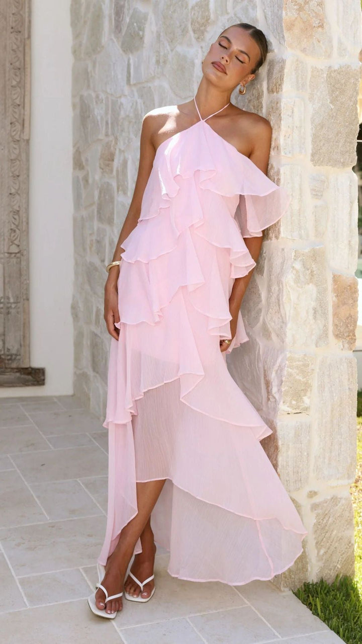 Tiered chiffon ruffle maxi dress with neck ties and an open back – Lily
