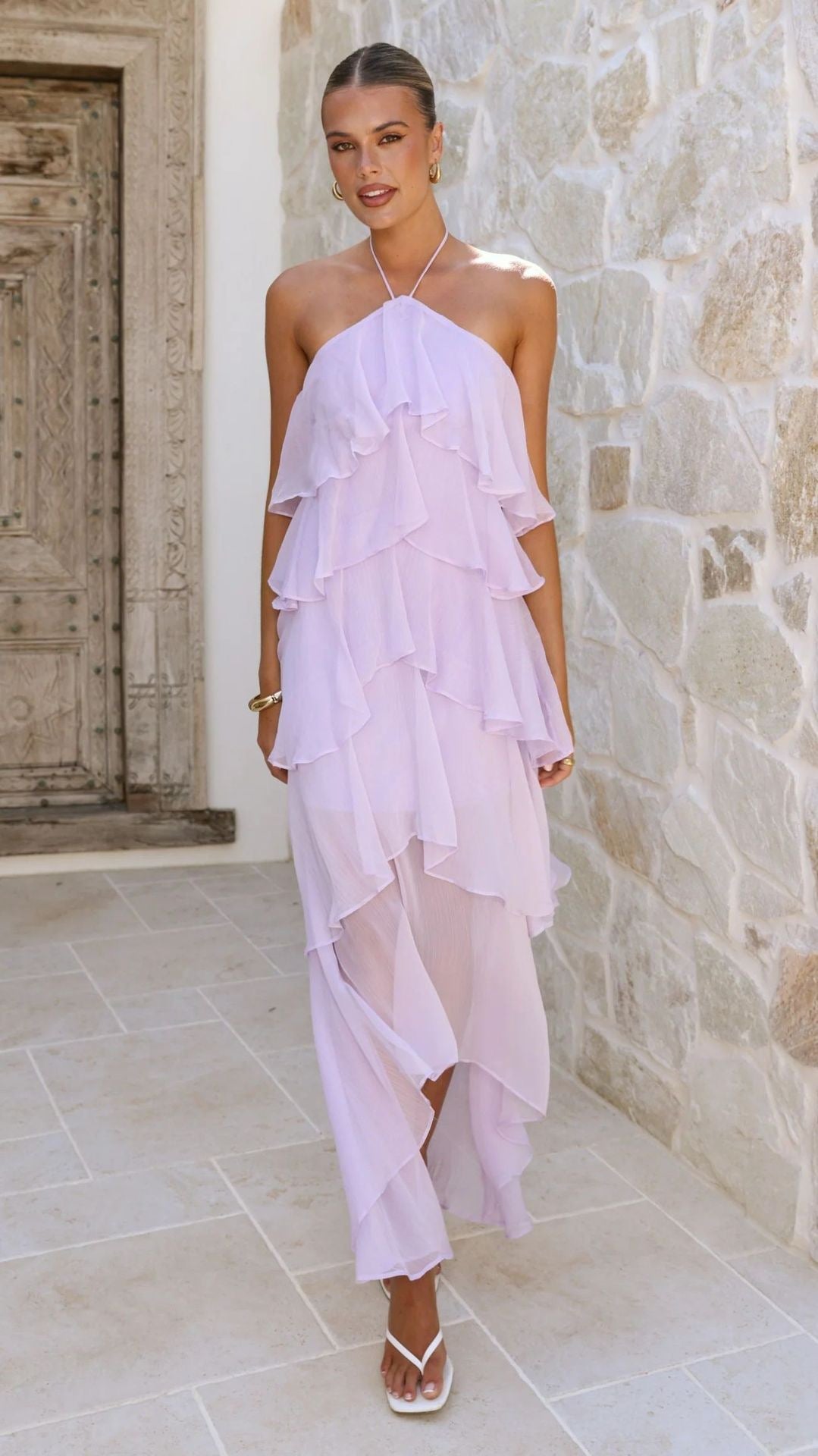 Tiered chiffon ruffle maxi dress with neck ties and an open back – Lily