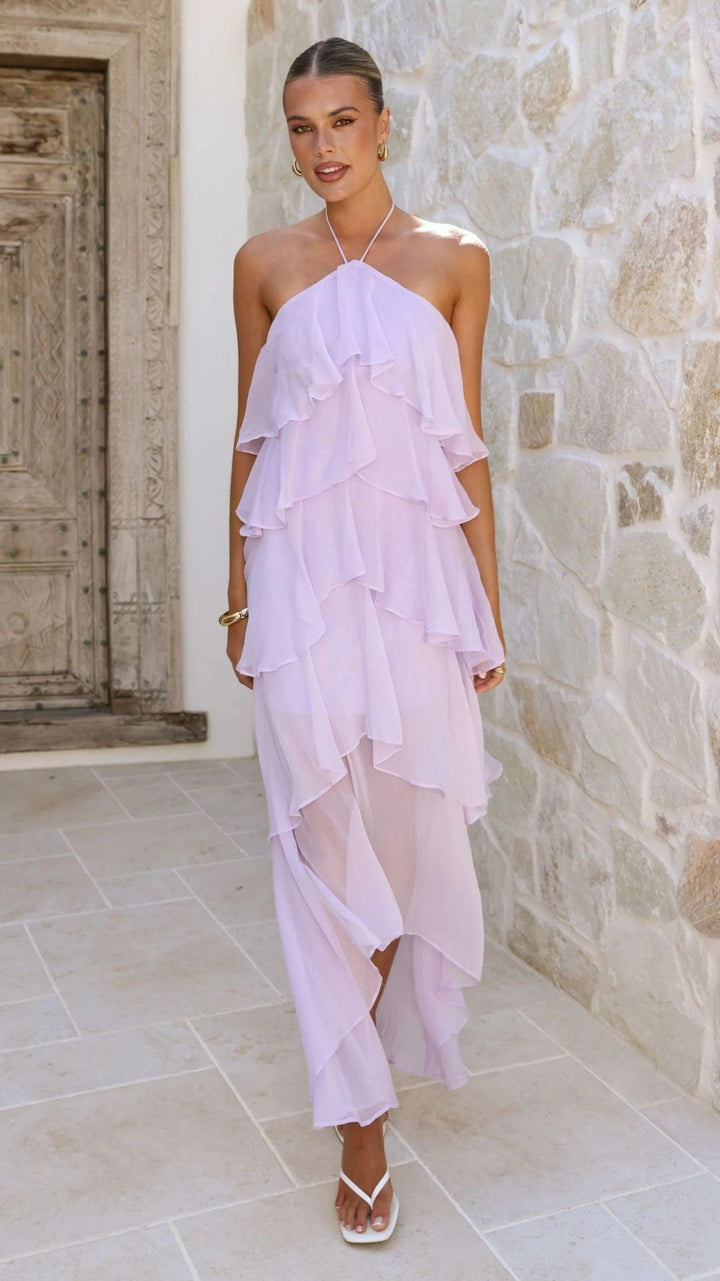 Tiered chiffon ruffle maxi dress with neck ties and an open back – Lily