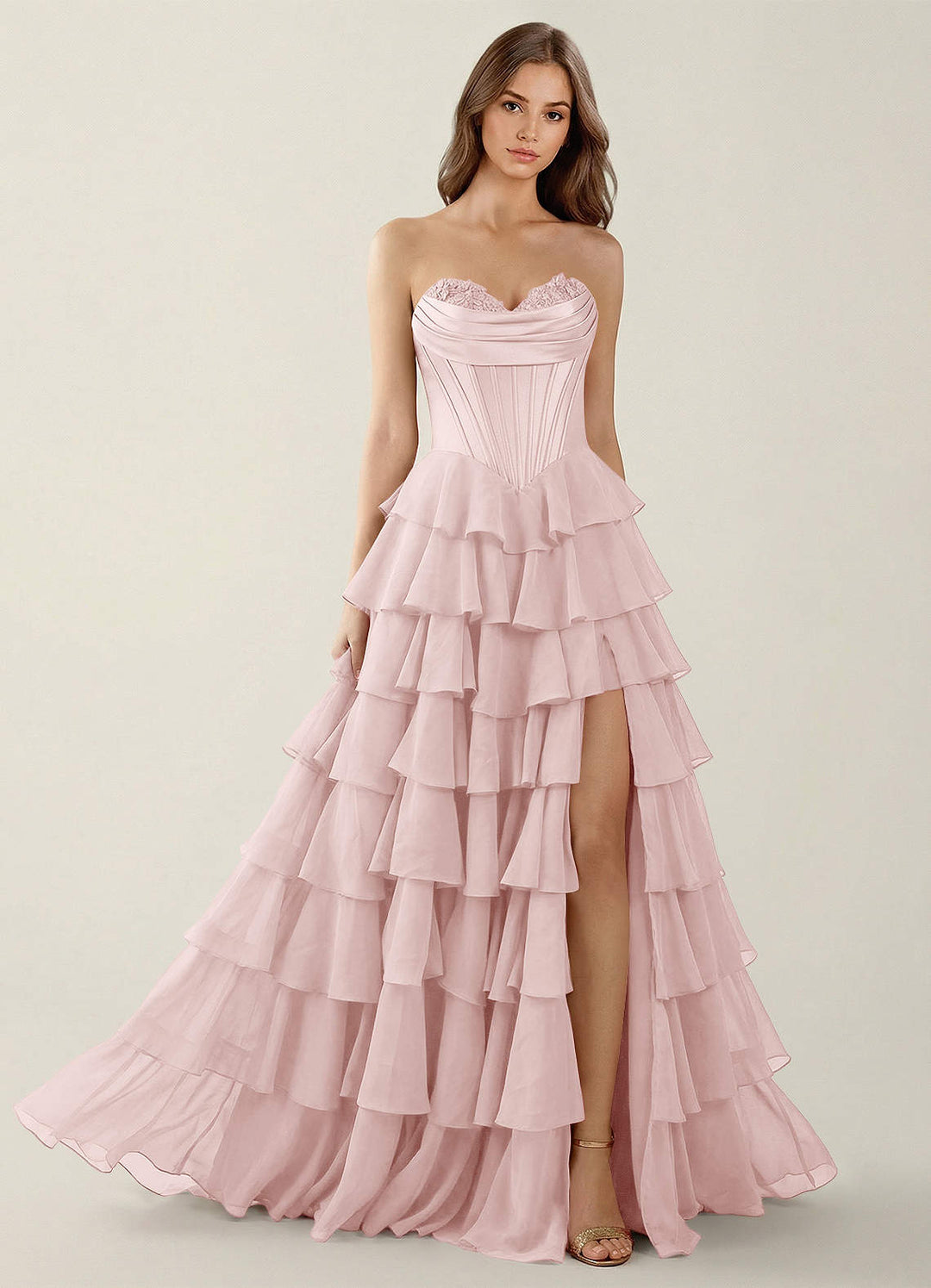 SHERY strapless ruffle maxi dress with a corset design, back tie, waist-cinching fit, and slit