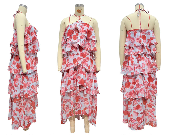 Tiered chiffon ruffle maxi dress with neck ties and an open back – Lily