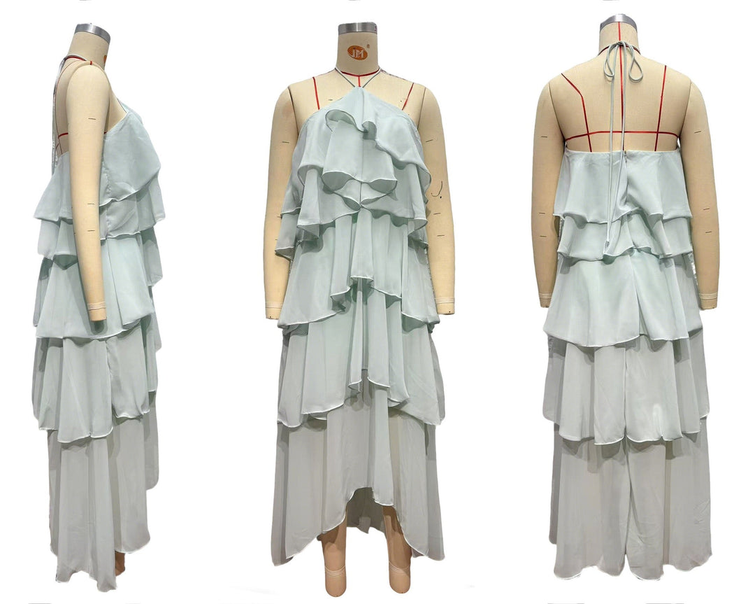 Tiered chiffon ruffle maxi dress with neck ties and an open back – Lily