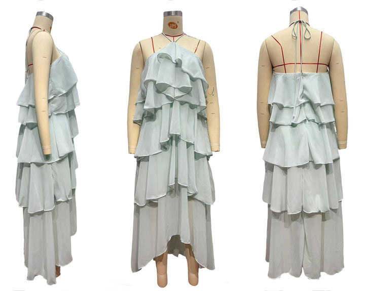 Tiered chiffon ruffle maxi dress with neck ties and an open back – Lily