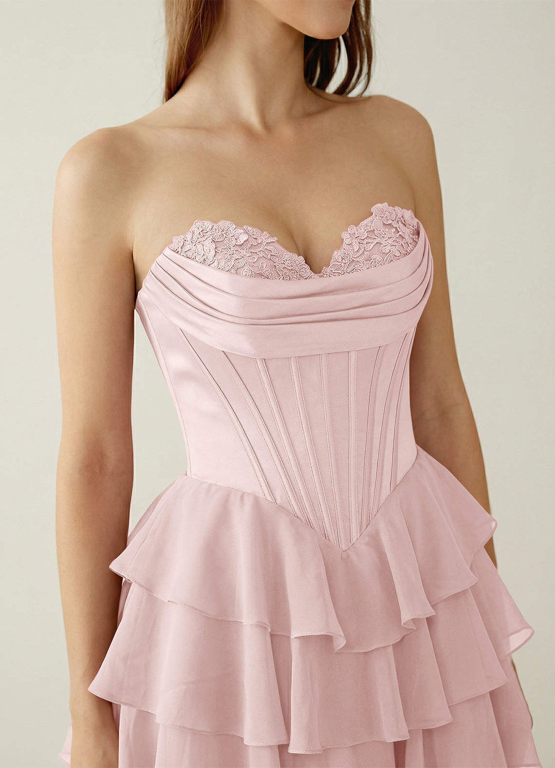 SHERY strapless ruffle maxi dress with a corset design, back tie, waist-cinching fit, and slit