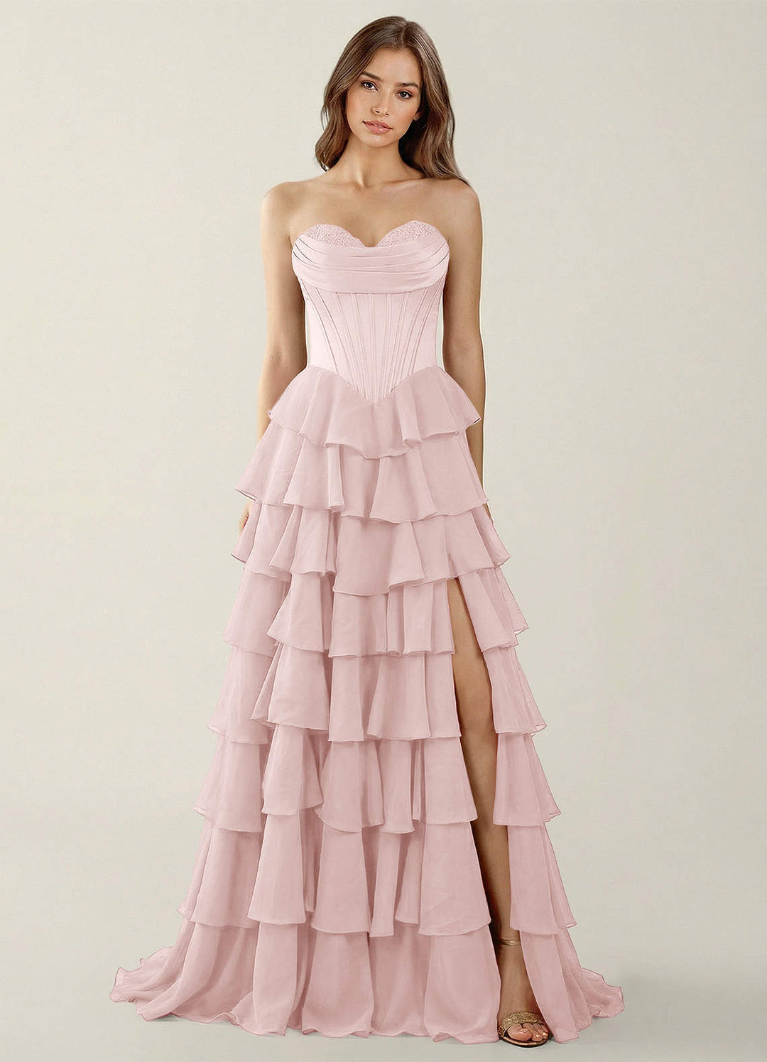 SHERY strapless ruffle maxi dress with a corset design, back tie, waist-cinching fit, and slit