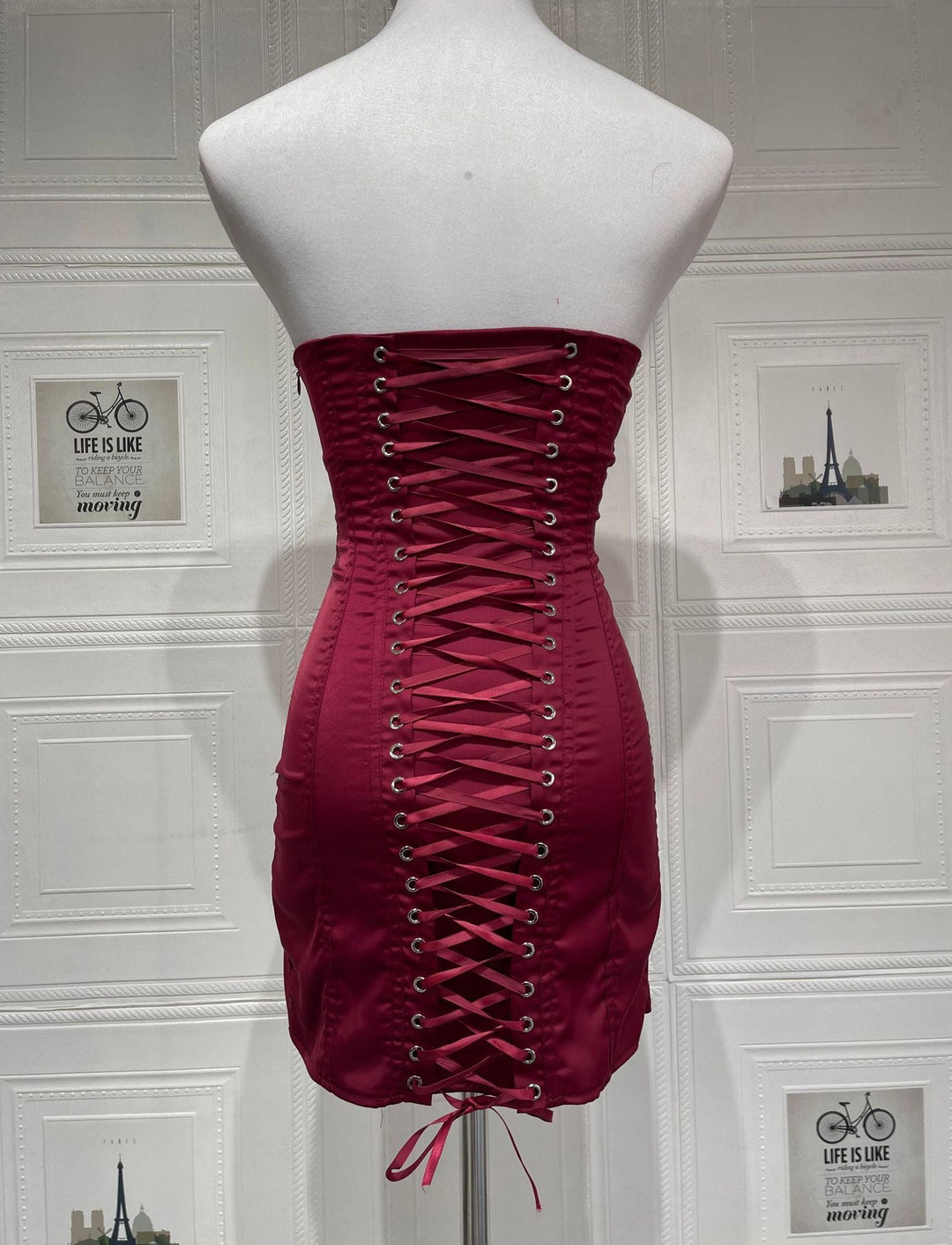 Strapless satin mini dress with tie-back design for fastening at the waist - DARIA