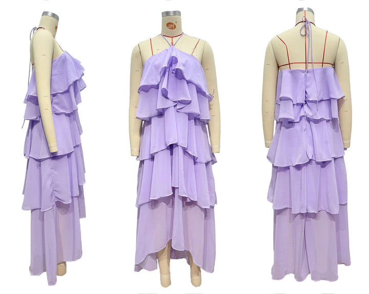 Tiered chiffon ruffle maxi dress with neck ties and an open back – Lily