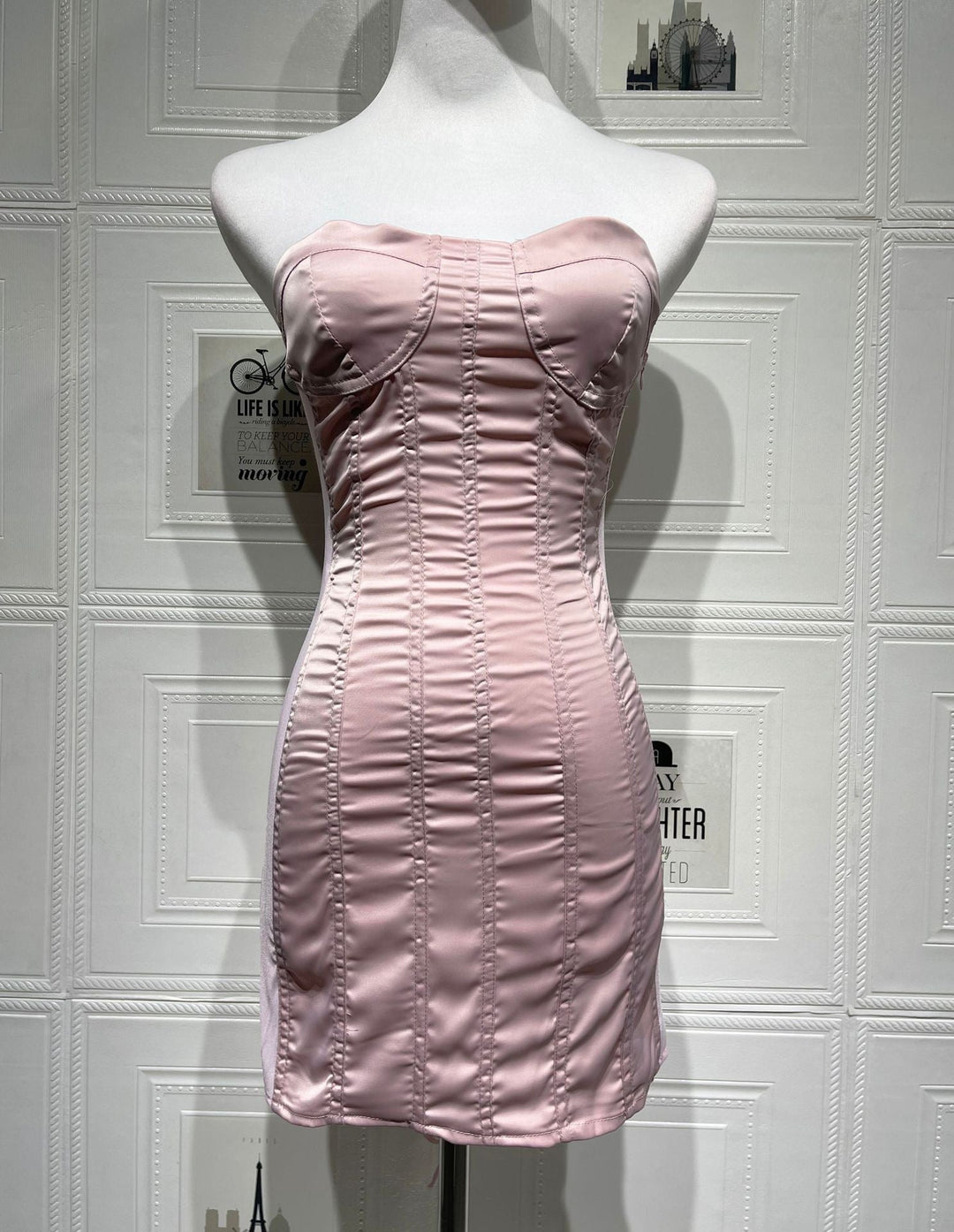 Strapless satin mini dress with tie-back design for fastening at the waist - DARIA