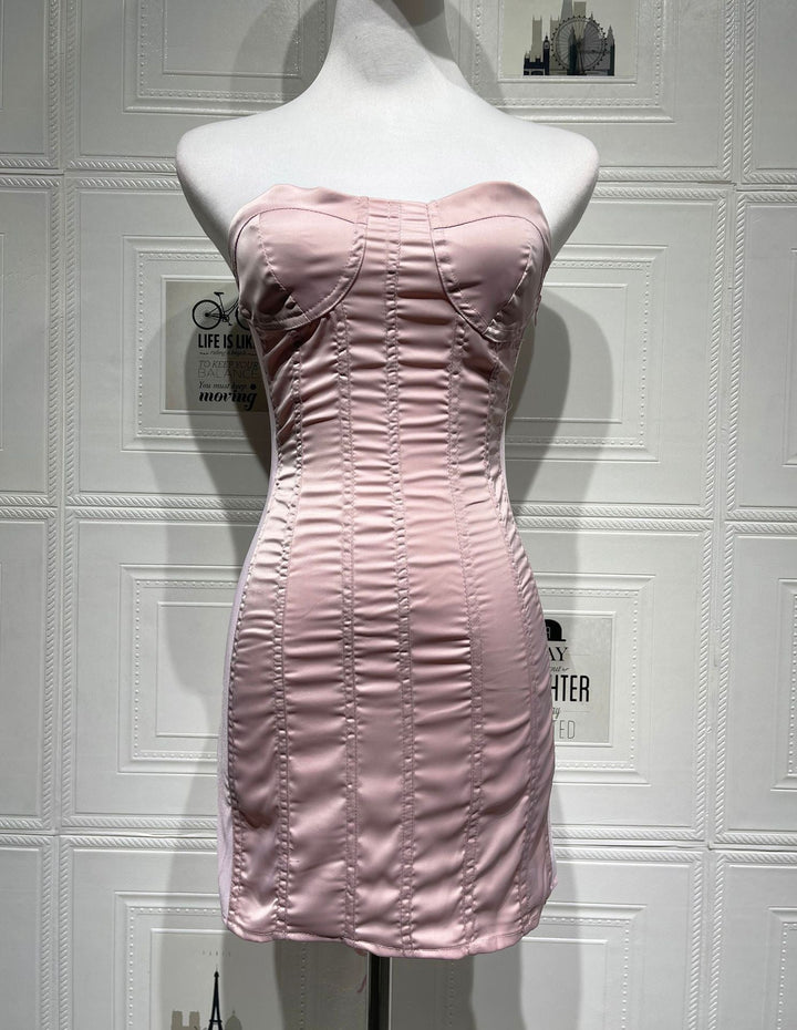 Strapless satin mini dress with tie-back design for fastening at the waist - DARIA