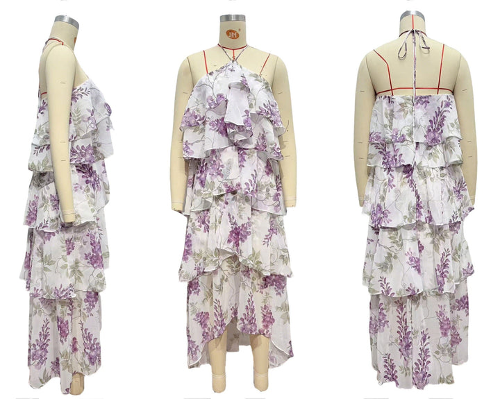 Tiered chiffon ruffle maxi dress with neck ties and an open back – Lily