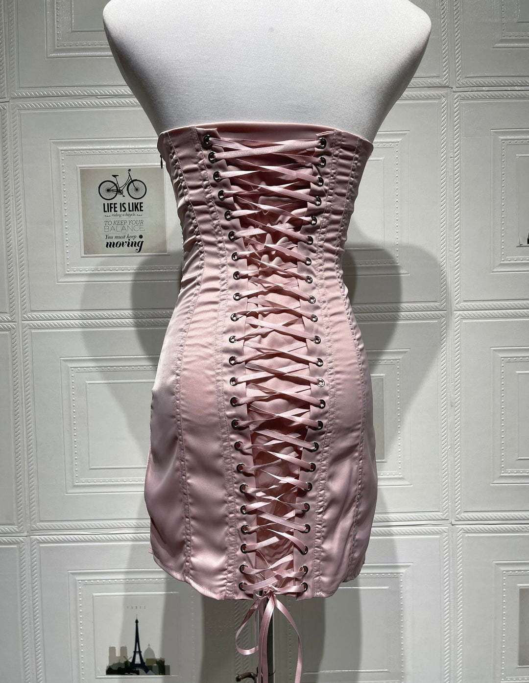 Strapless satin mini dress with tie-back design for fastening at the waist - DARIA