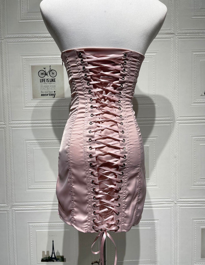 Strapless satin mini dress with tie-back design for fastening at the waist - DARIA