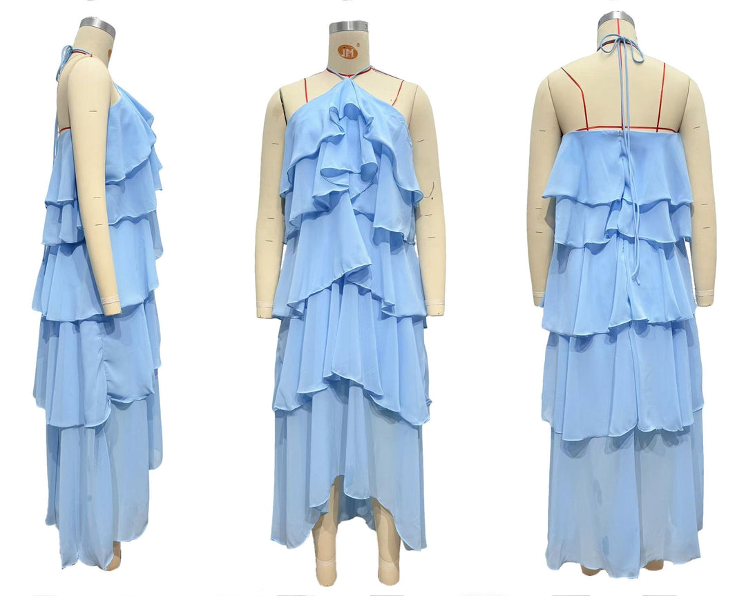 Tiered chiffon ruffle maxi dress with neck ties and an open back – Lily