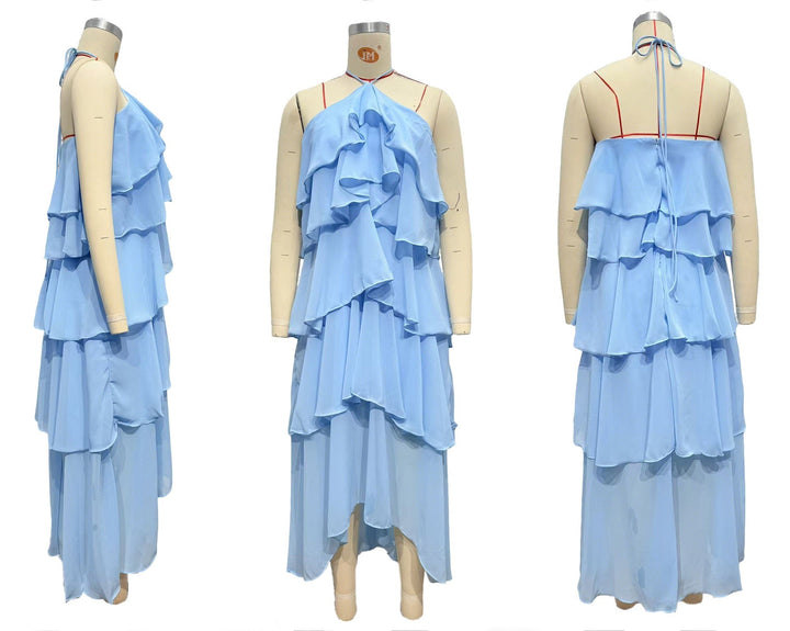 Tiered chiffon ruffle maxi dress with neck ties and an open back – Lily