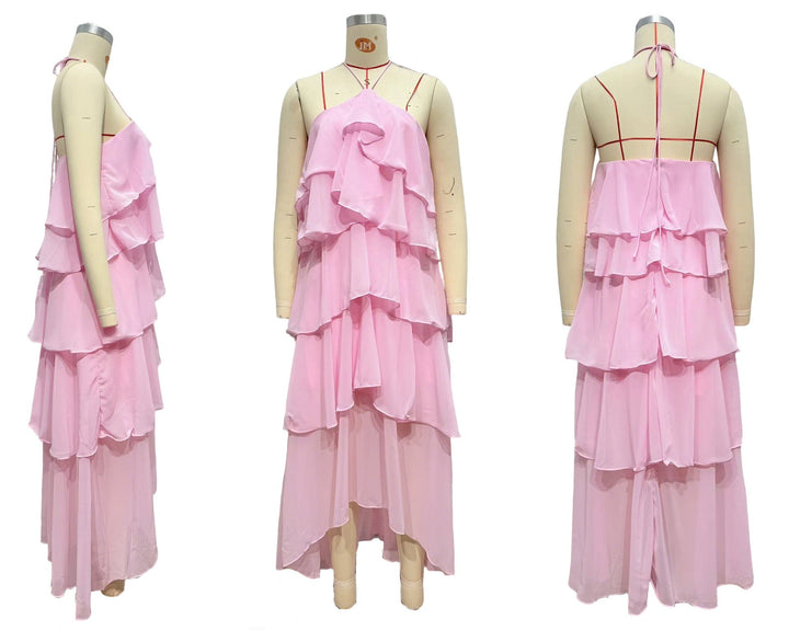 Tiered chiffon ruffle maxi dress with neck ties and an open back – Lily