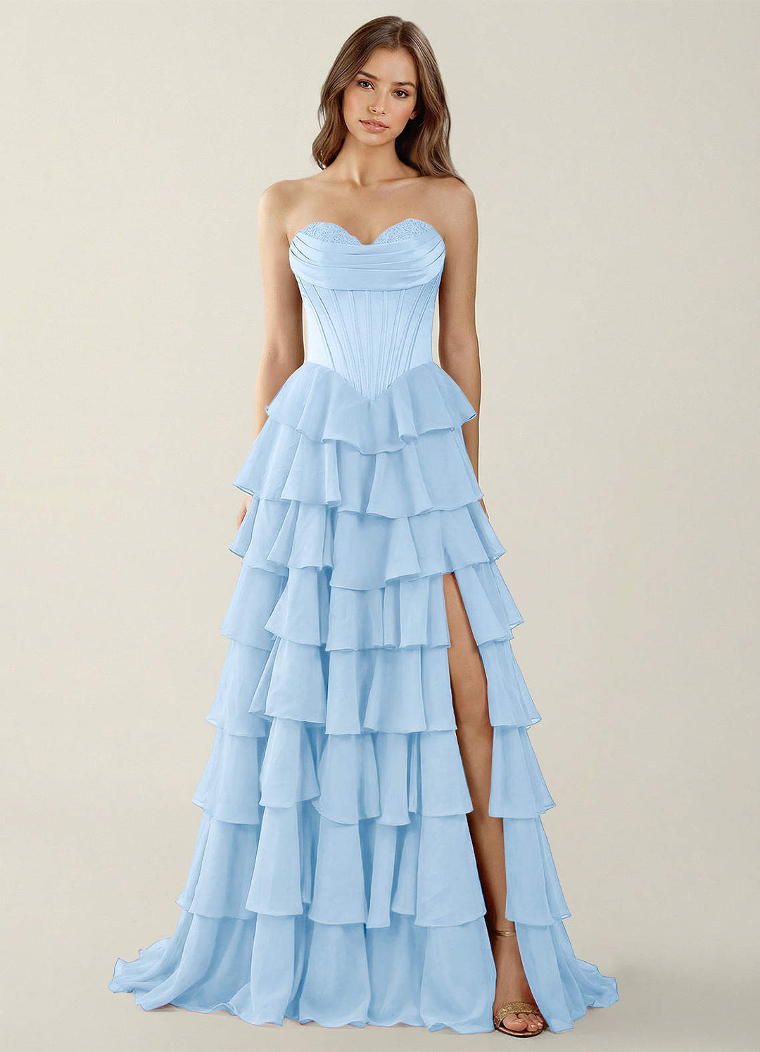 SHERY strapless ruffle maxi dress with a corset design, back tie, waist-cinching fit, and slit