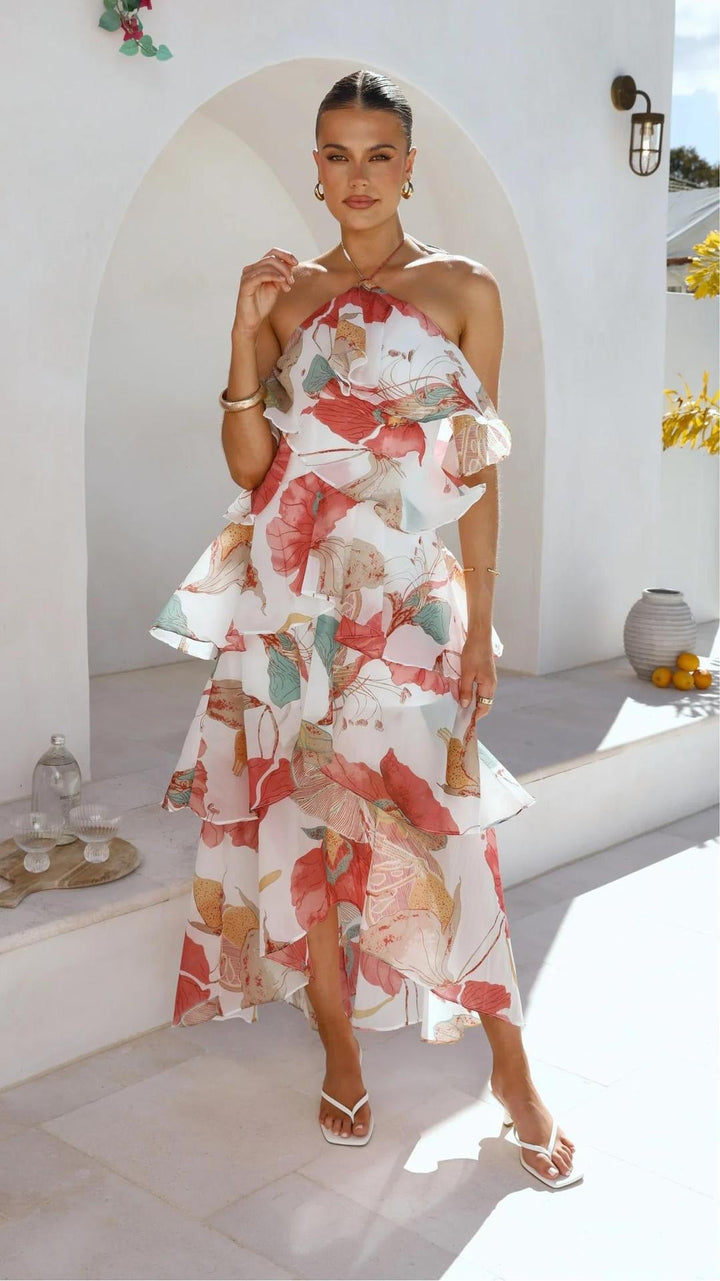 Tiered chiffon ruffle maxi dress with neck ties and an open back – Lily