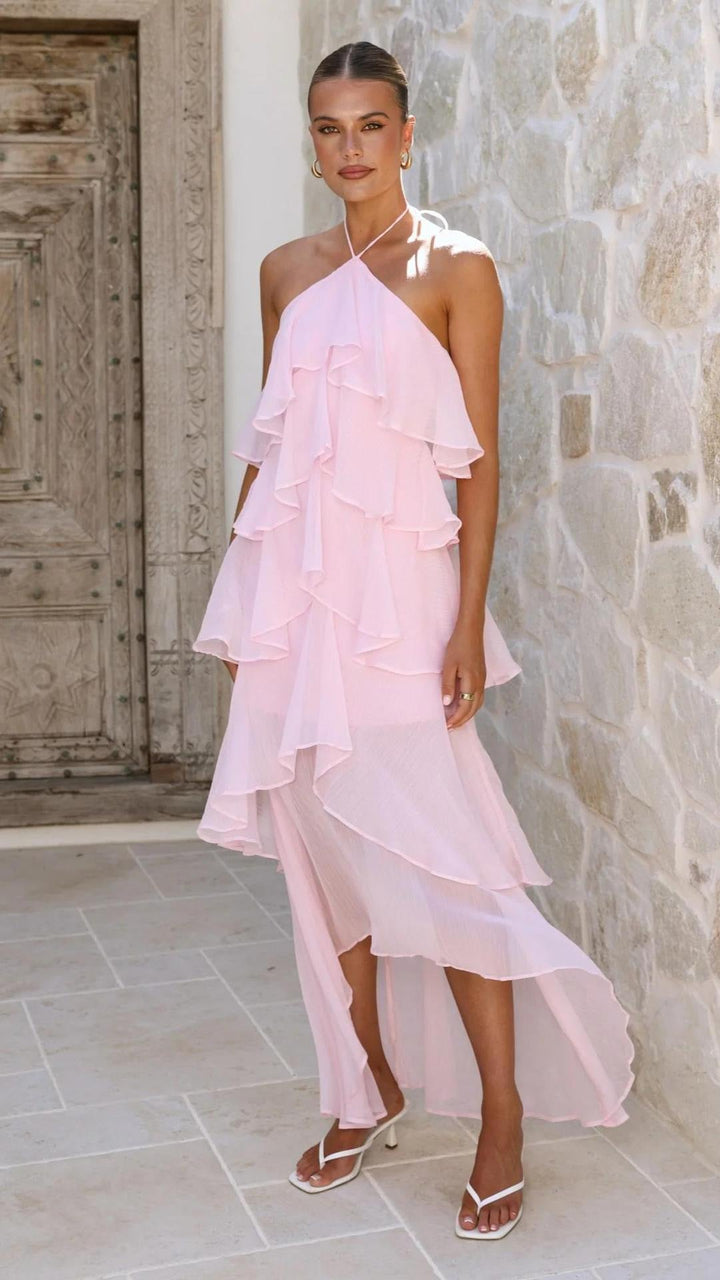 Tiered chiffon ruffle maxi dress with neck ties and an open back – Lily