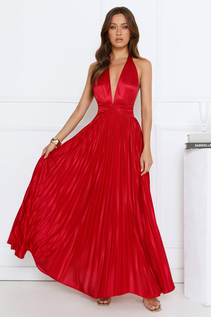 Satin maxi dress with pleats and open back - Leila