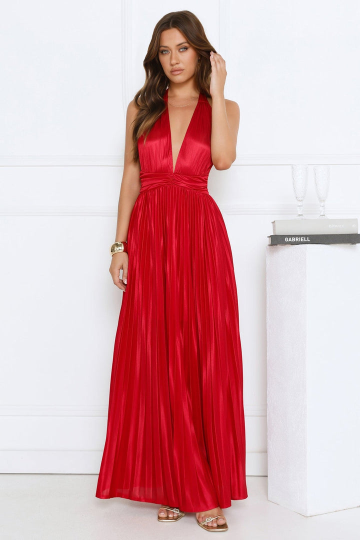 Satin maxi dress with pleats and open back - Leila