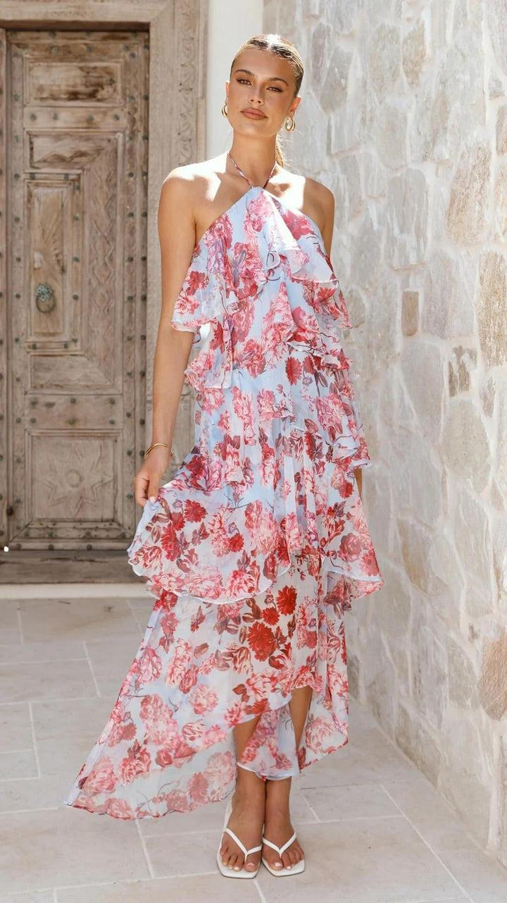 Tiered chiffon ruffle maxi dress with neck ties and an open back – Lily